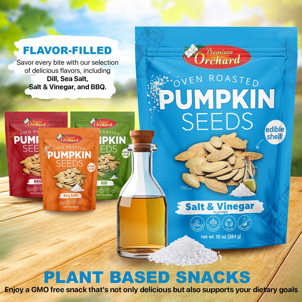 Premium Orchard pumpkin seeds resealable bag showing freshness and convenience.