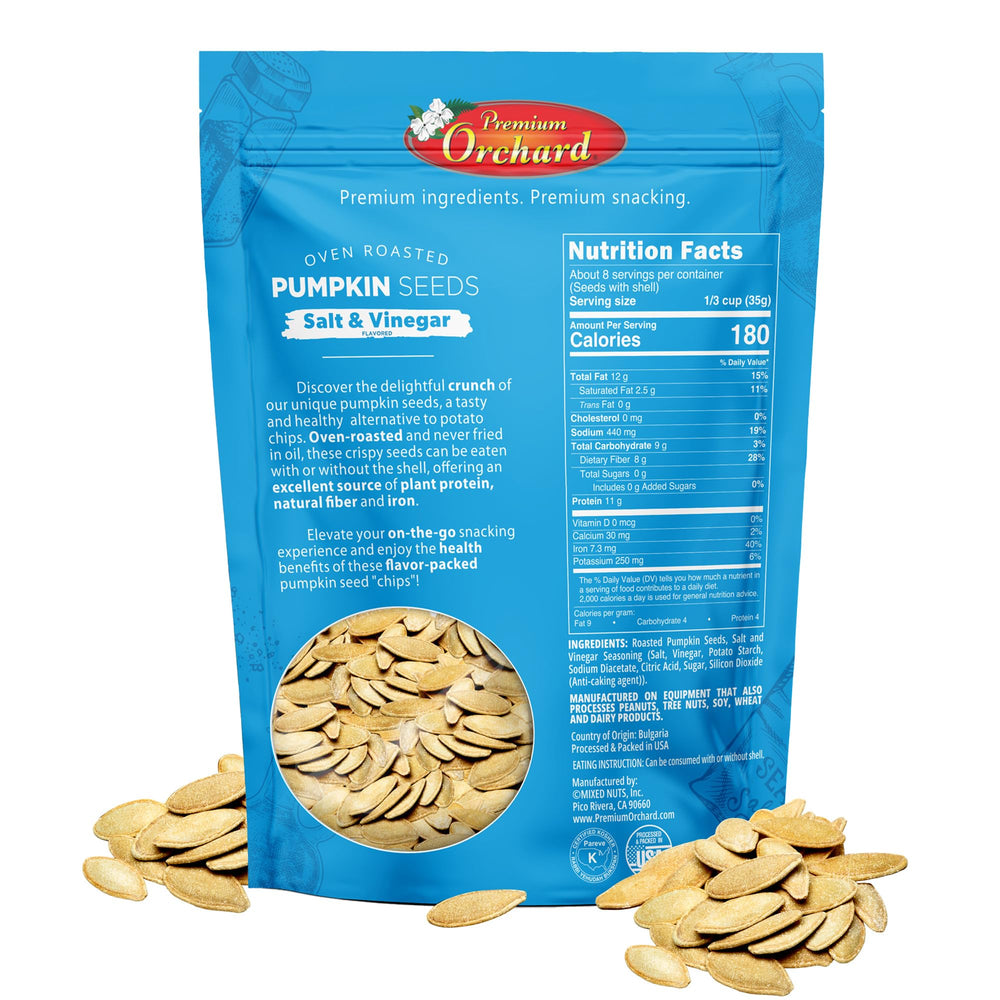 Premium Orchard pumpkin seeds salt vinegar close-up highlighting bold flavor potential.