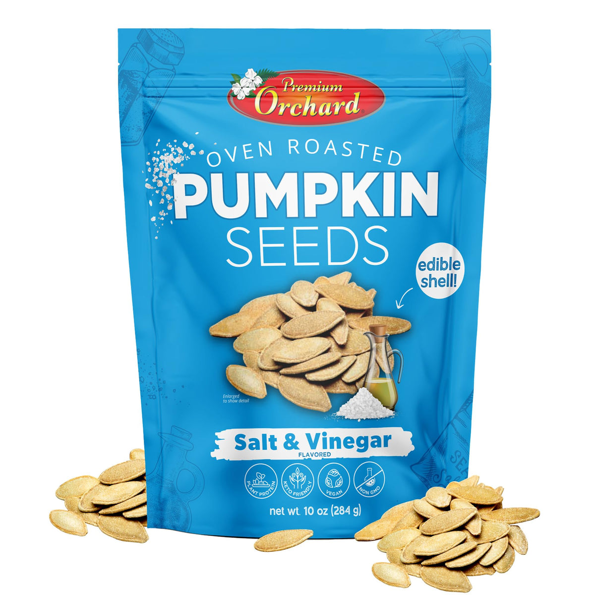 Premium Orchard pumpkin seeds sea salt front view for a crunchy on-the-go snack.