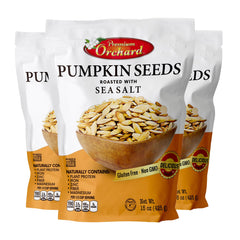 Premium Orchard roasted pumpkin seeds in-shell closeup, high-protein snack option