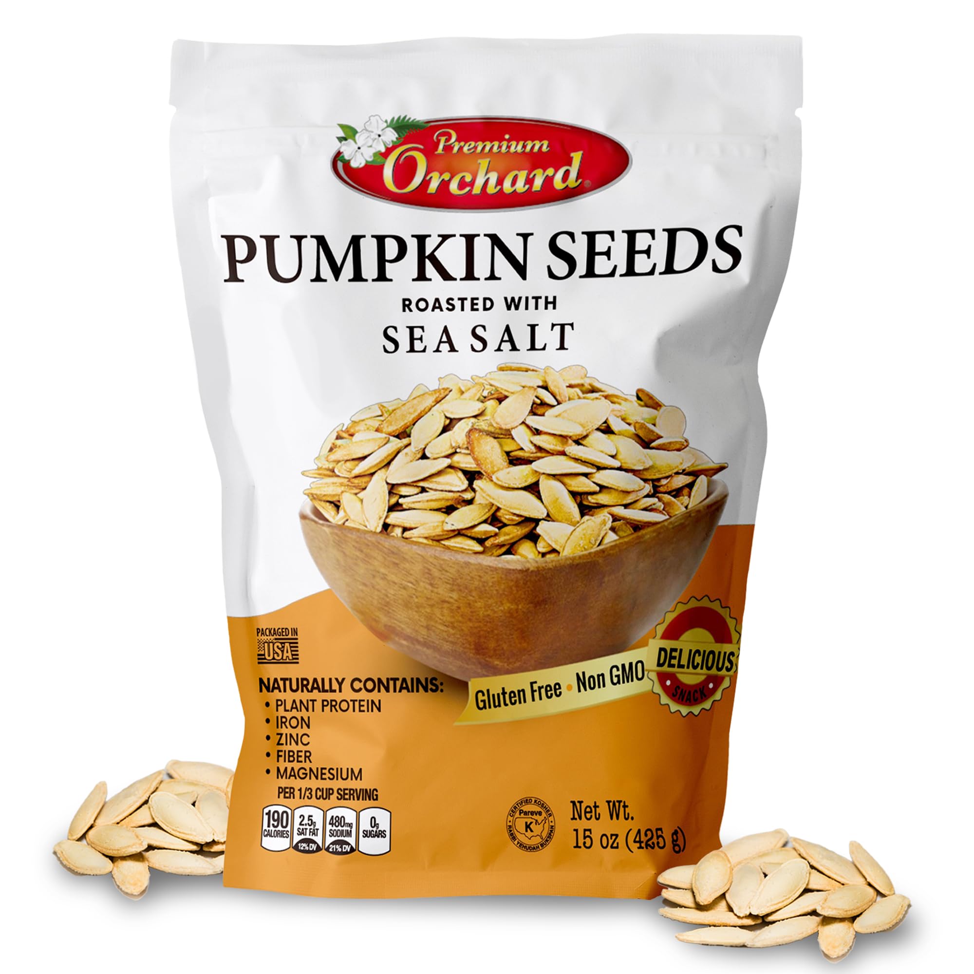 Premium Orchard roasted pumpkin seeds in shell offer a crunchy, high-protein snack.