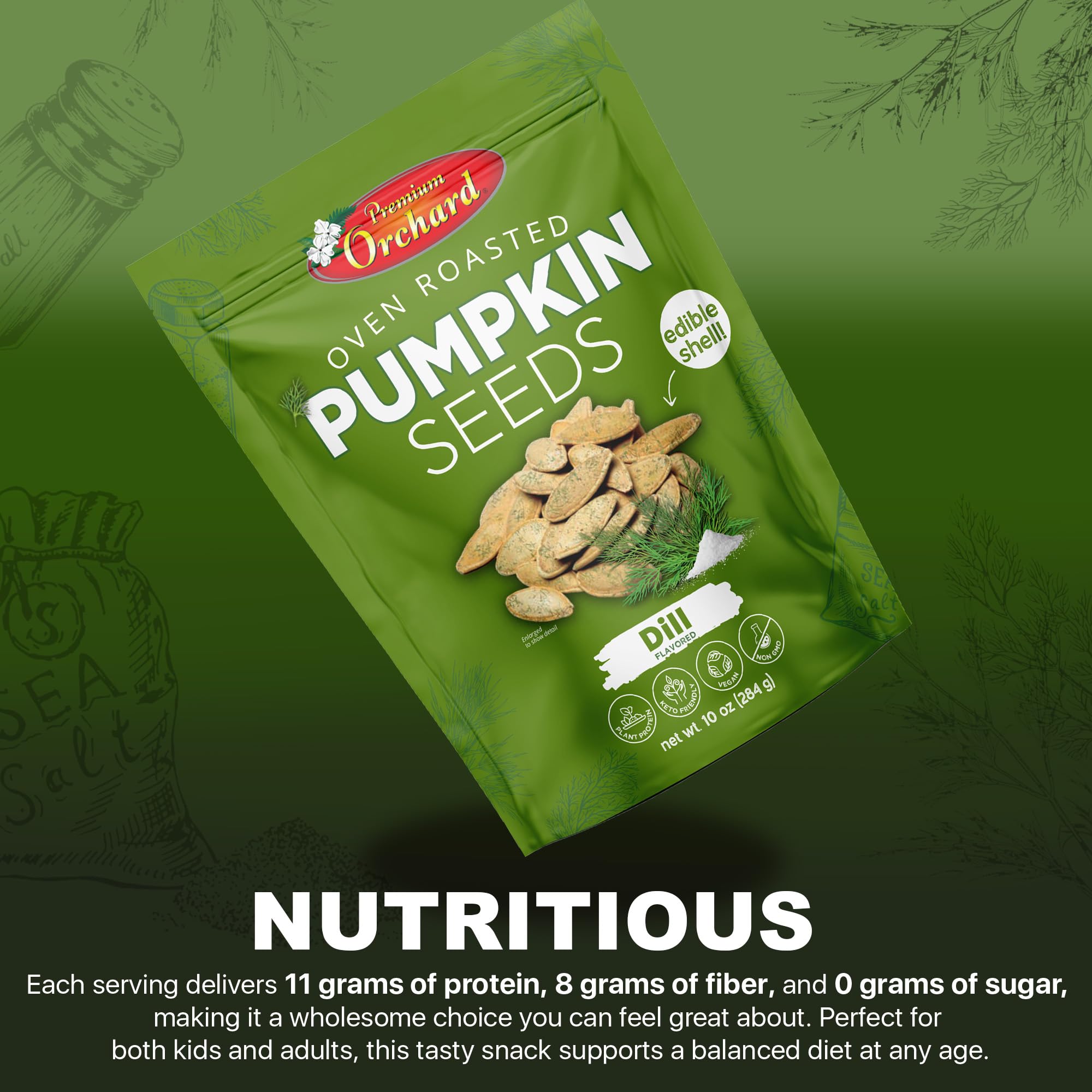 Premium Orchard Pmpkn Dill seeds sprinkled over a dish for fresh flavor.