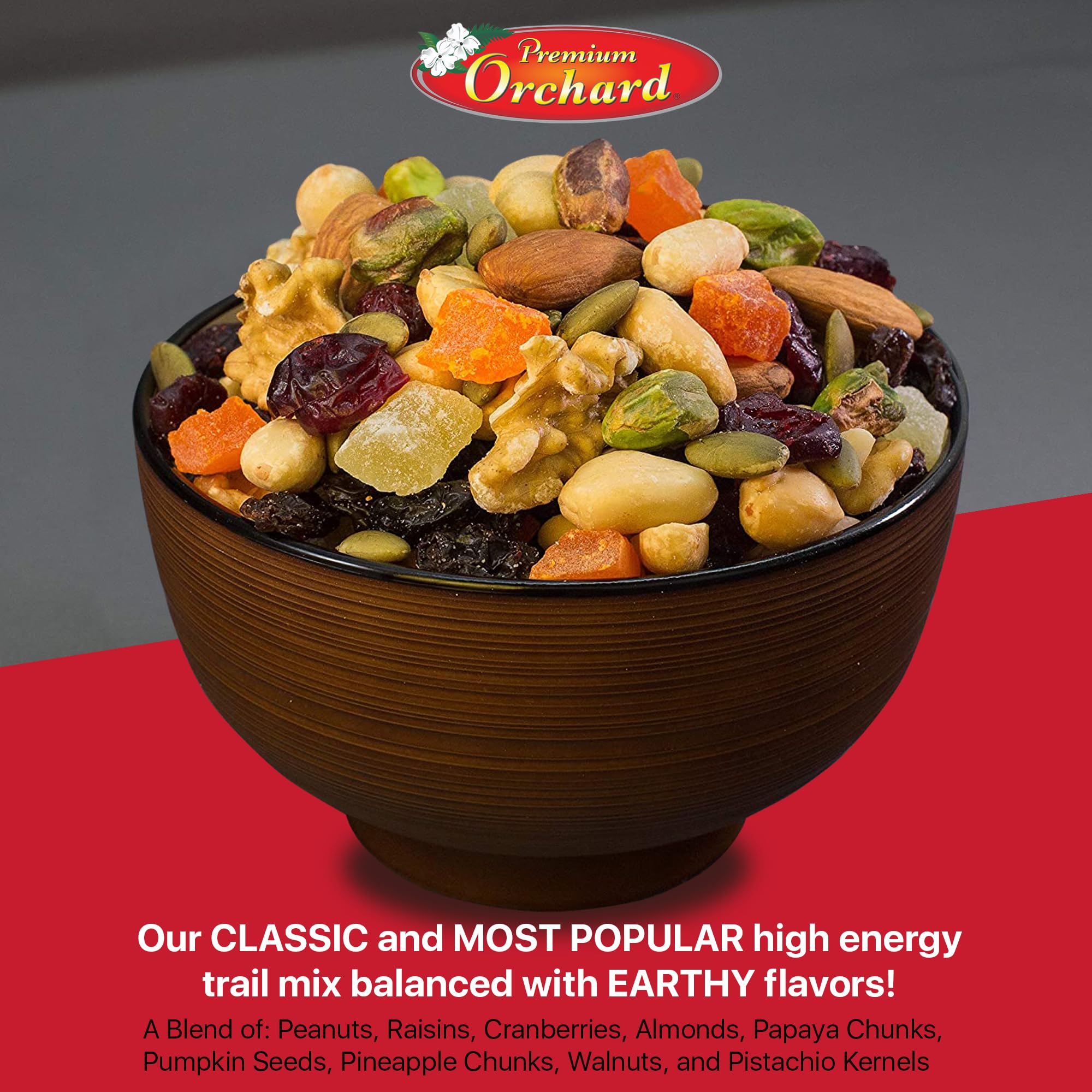 Serving bowl of Premium Orchard trail mix for breakfast or lunch occasions.