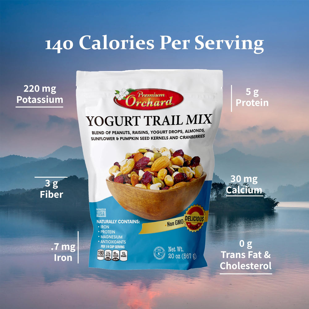 Premium Orchard Yogurt Trail Mix provides plant protein and fiber for balanced snacking