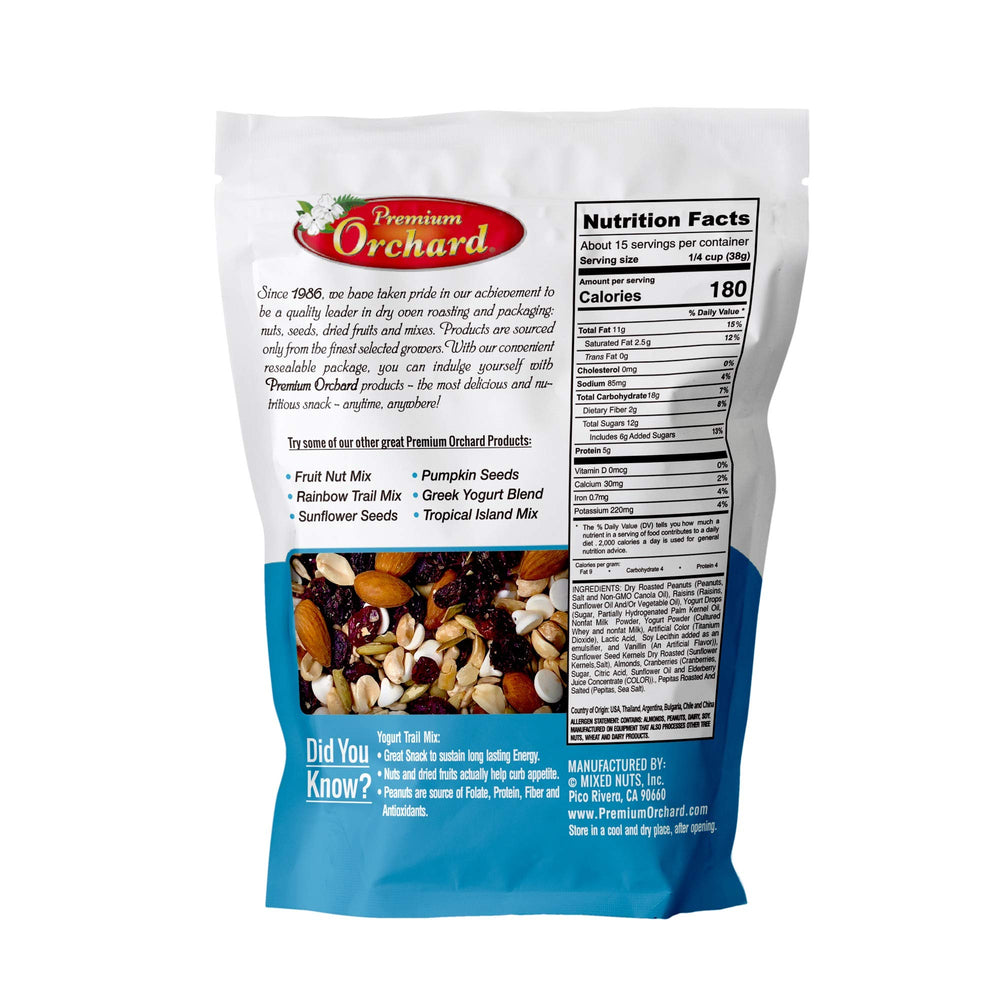 Premium Orchard Yogurt Trail Mix with dried cranberries offers a chewy fruit-and-yogurt bite