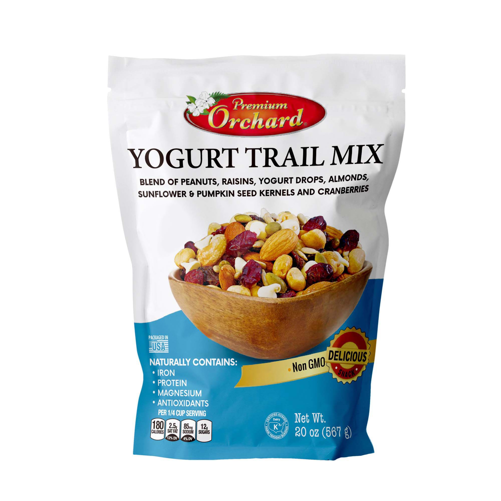 Premium Orchard Yogurt Trail Mix with nuts and seeds in a tray for a quick snack