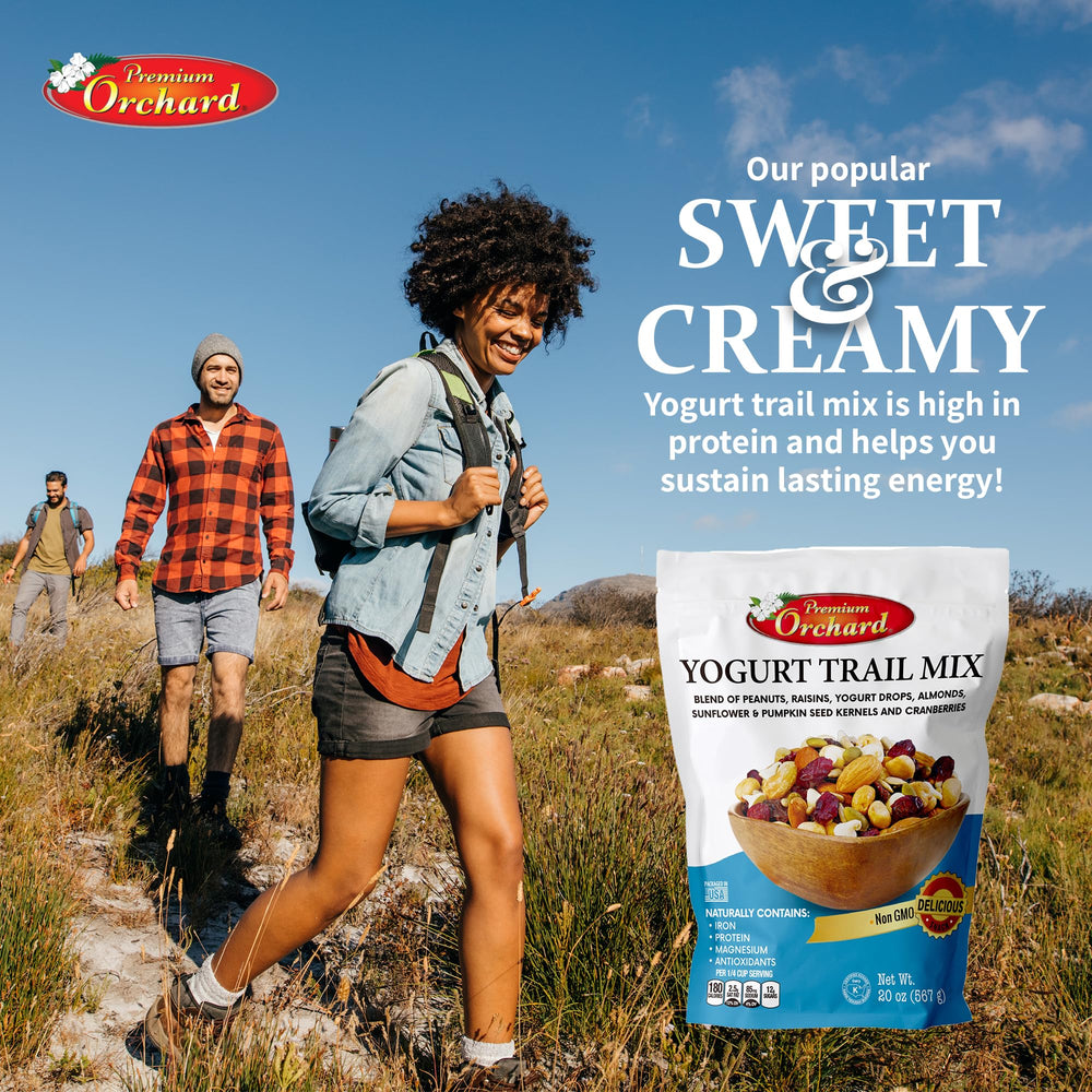 Premium Orchard Yogurt Trail Mix in a resealable pack keeps freshness for weeks
