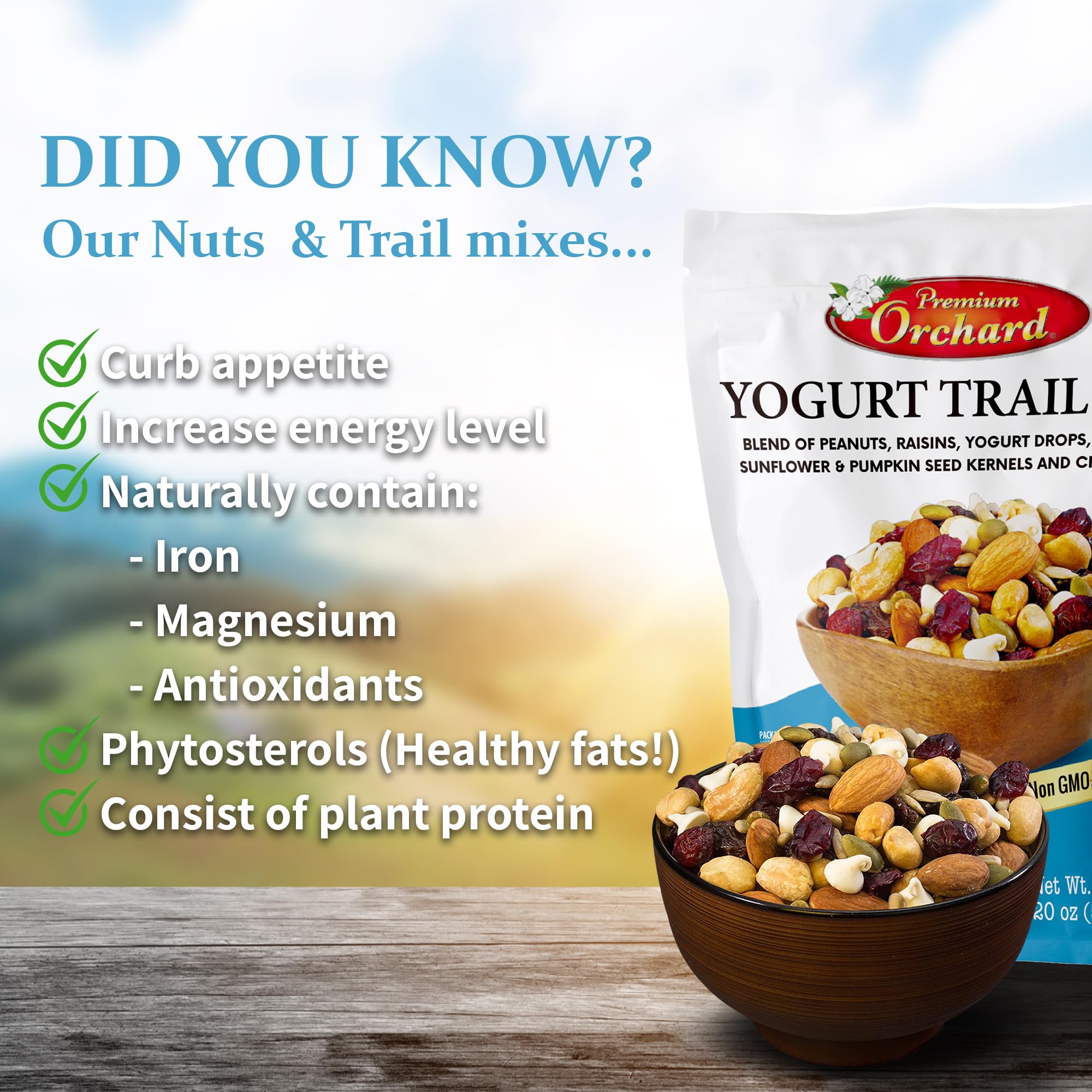 Premium Orchard Yogurt Trail Mix featuring yogurt drops adds creamy texture and sweetness
