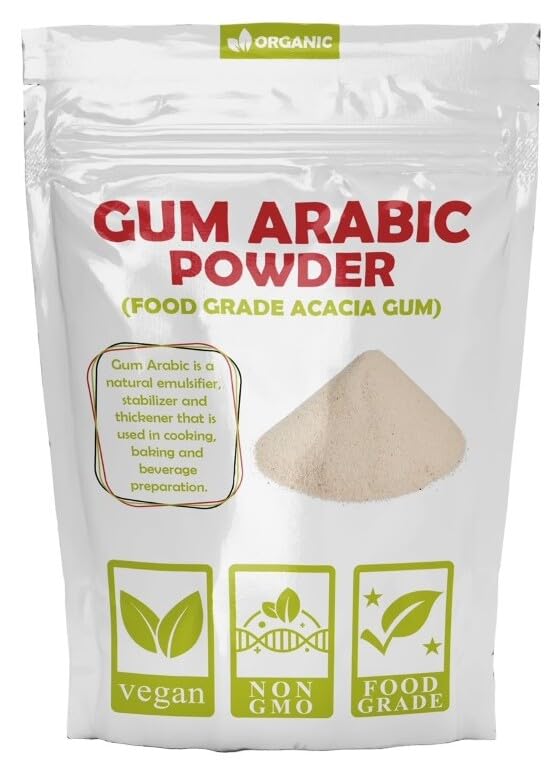 Premium Organic Gum Arabic Powder bottle highlights quality for baking and watercolor art.