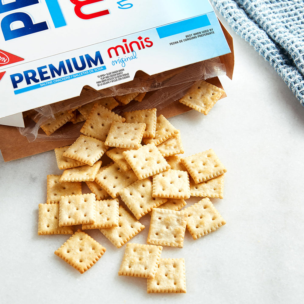 Premium Original Mini Saltine Crackers kosher label visible on packaging