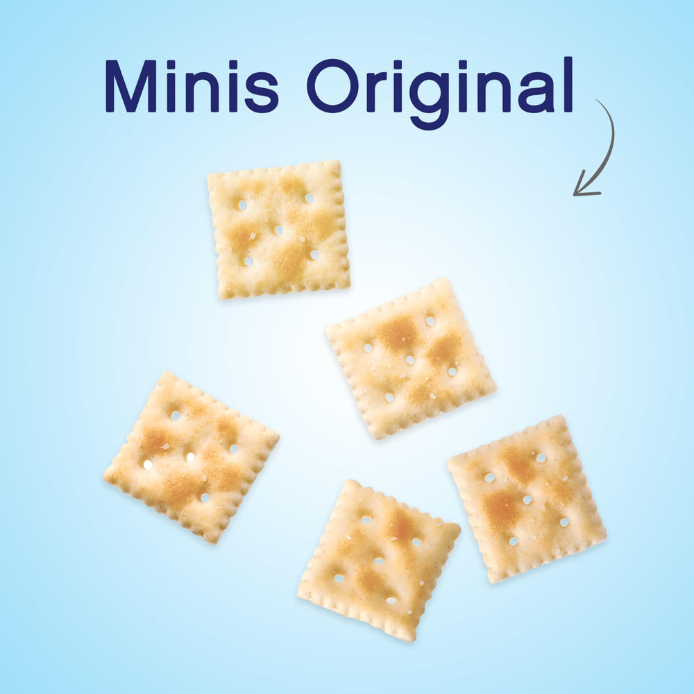 Premium Original Mini Saltine Crackers with sea salt topping close-up