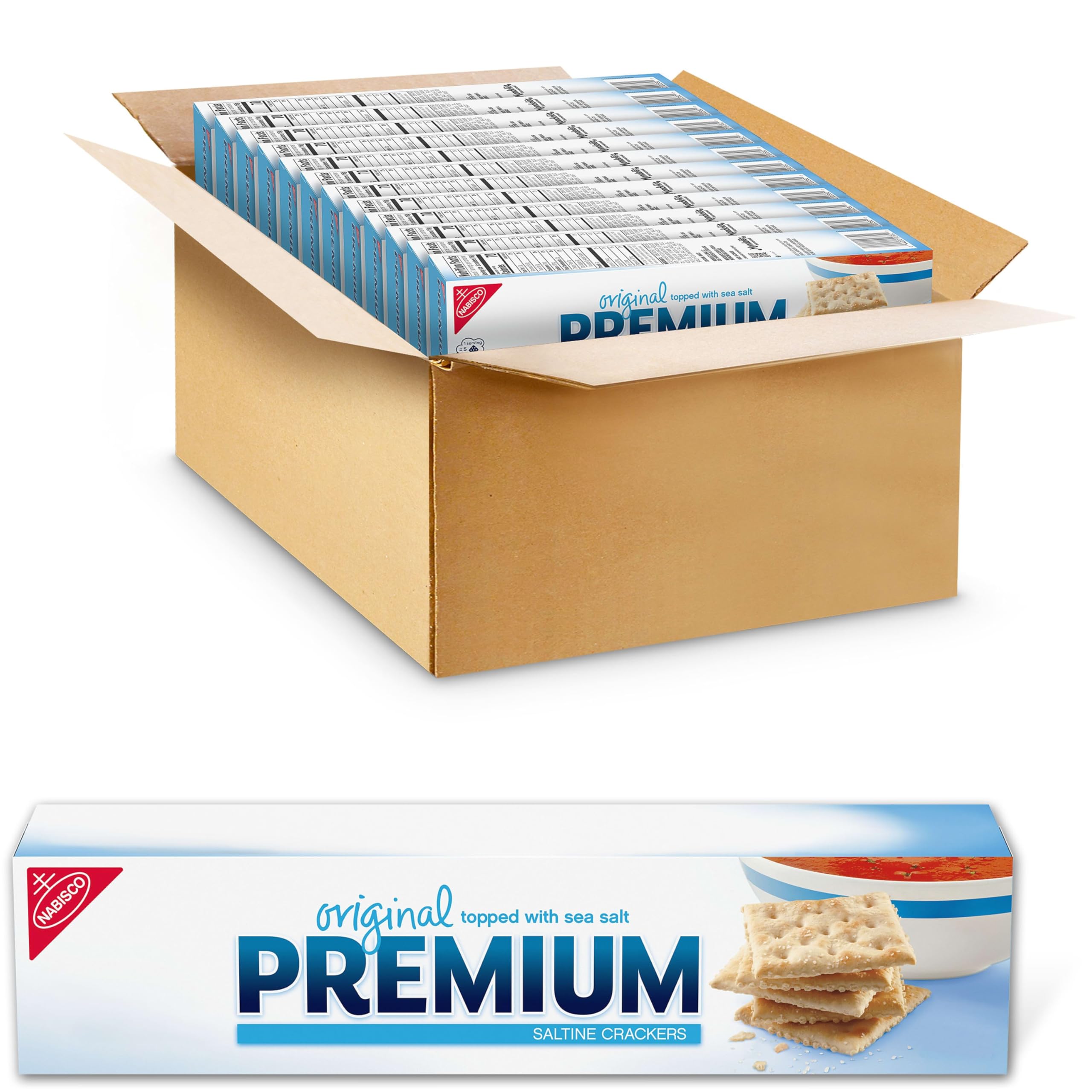 Premium Original Saltine Crackers bulk 12-box display for easy snacking and sharing.