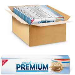 Premium Original Saltine Crackers bulk 12-box display for easy snacking and sharing.