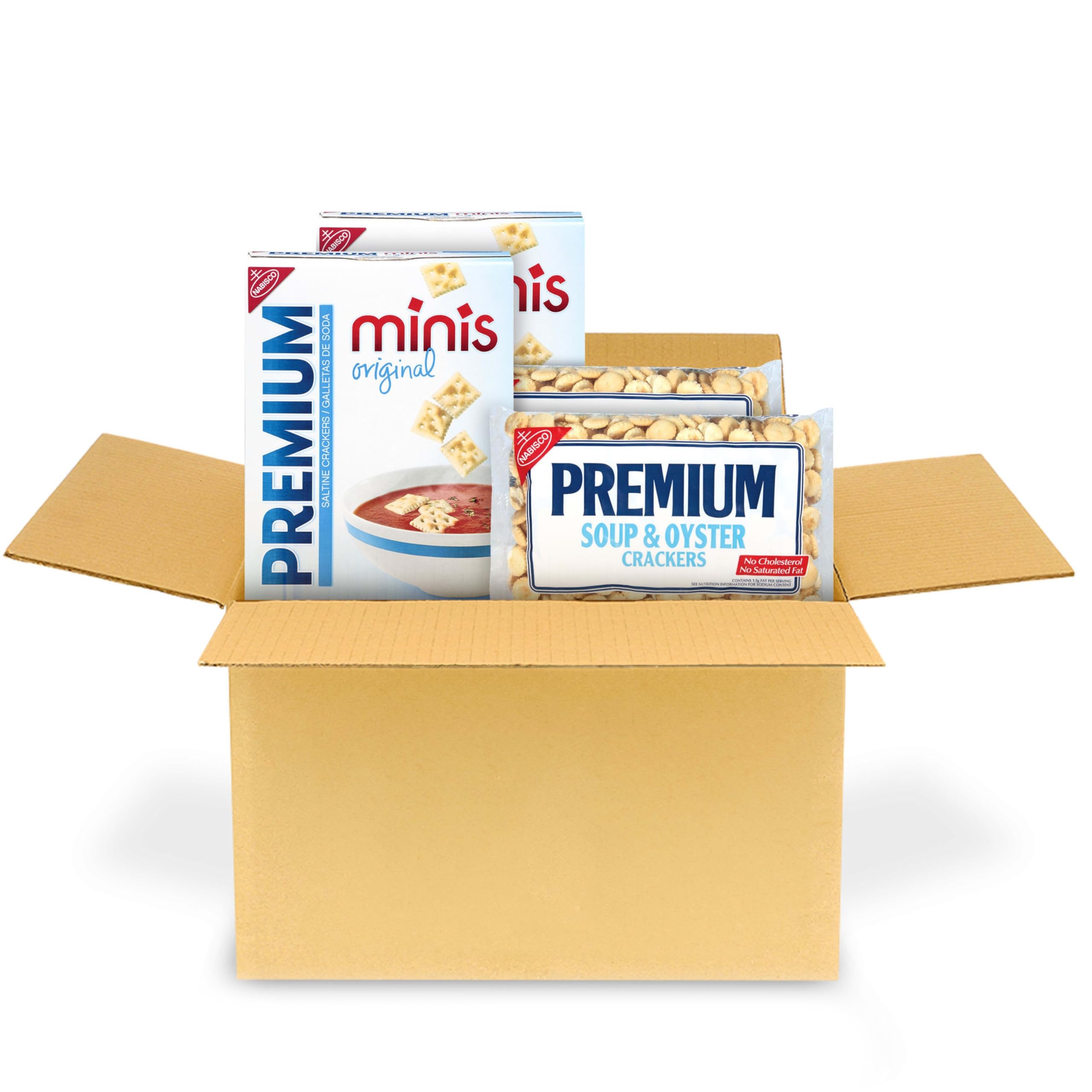 Premium Soup & Oyster Crackers shown with a steaming bowl of soup for pairing.