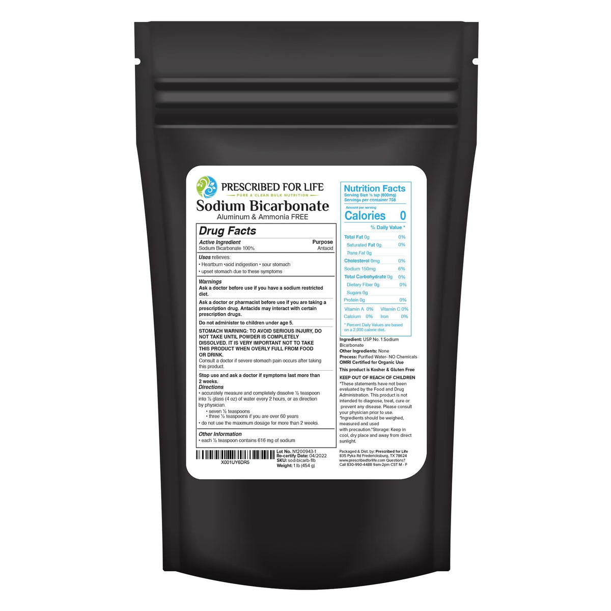Prescribed For Life baking soda pouch 1lb ready for everyday use.