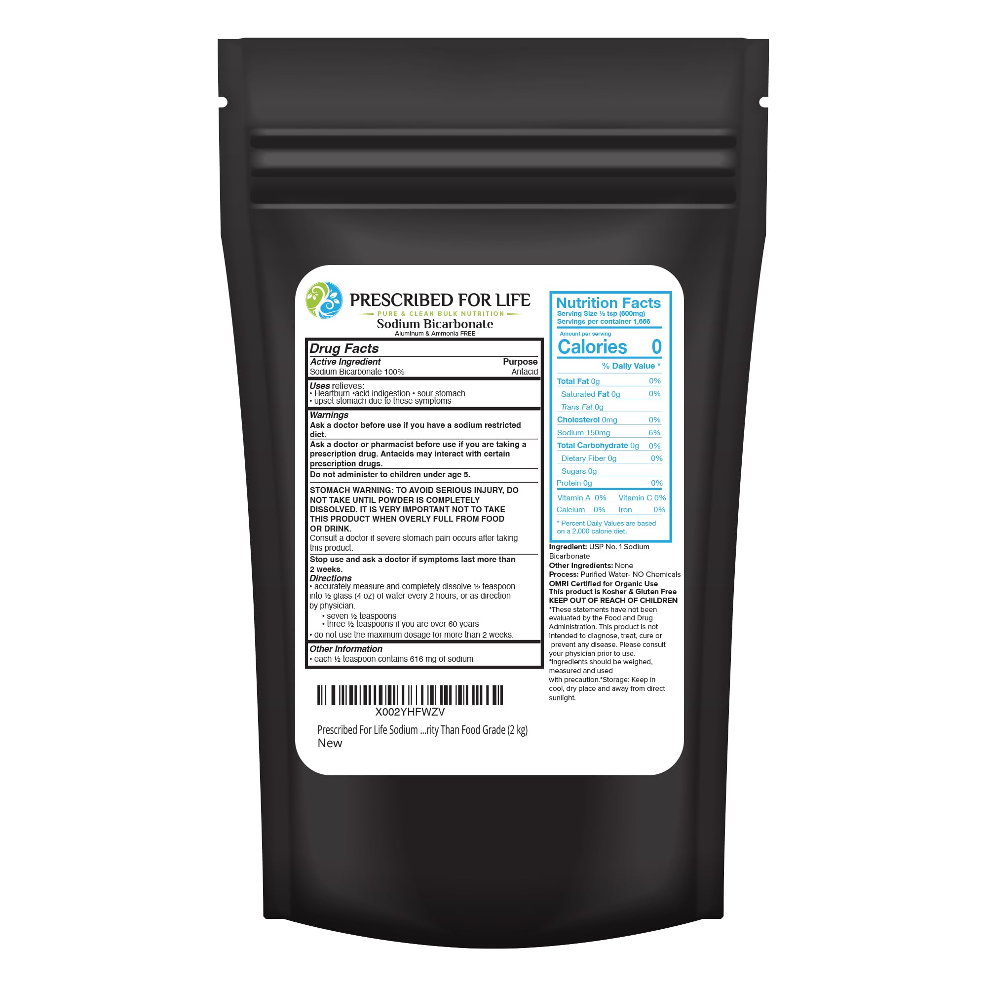 Prescribed For Life sodium bicarbonate powder front label showing product name and purity