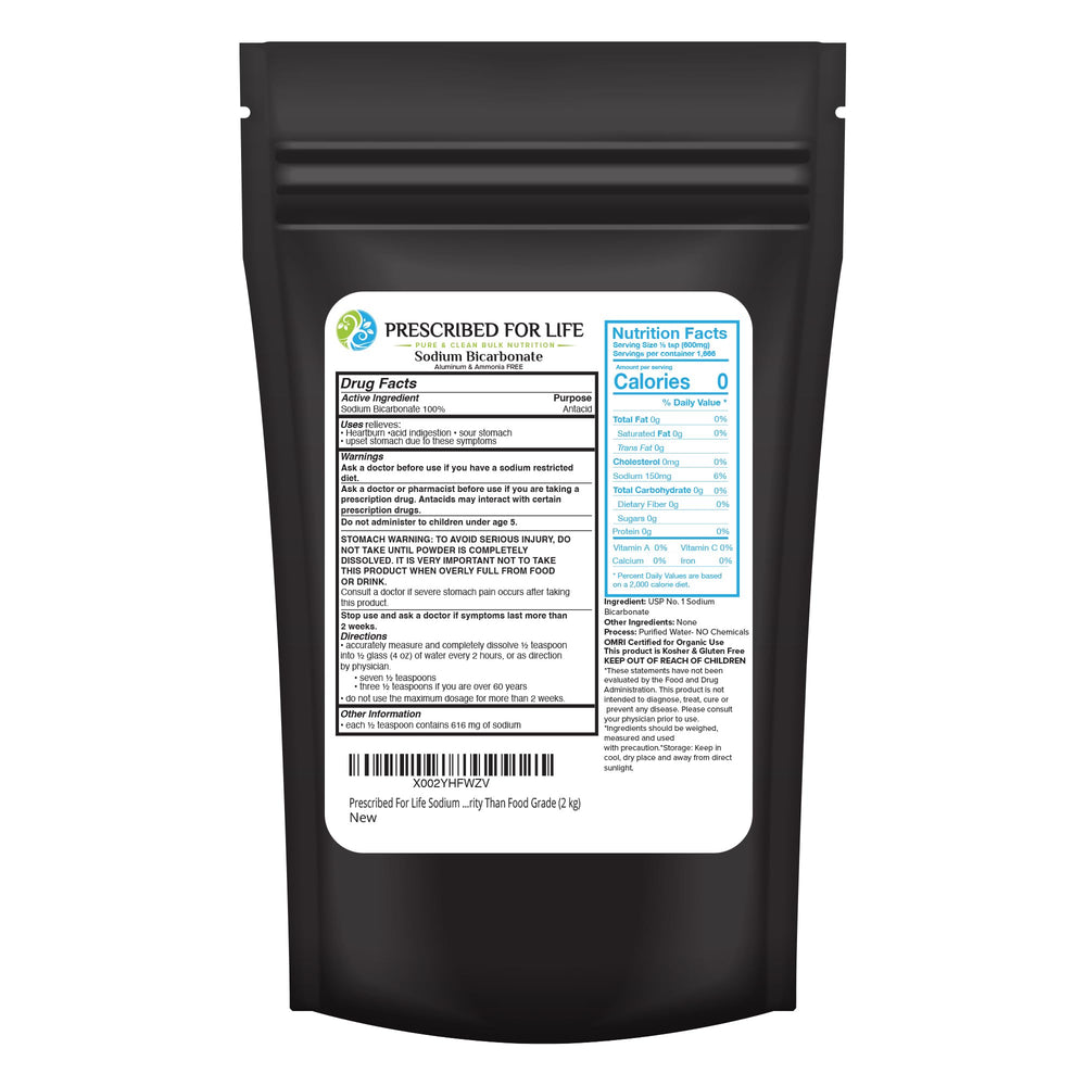 Prescribed For Life sodium bicarbonate powder front label showing product name and purity