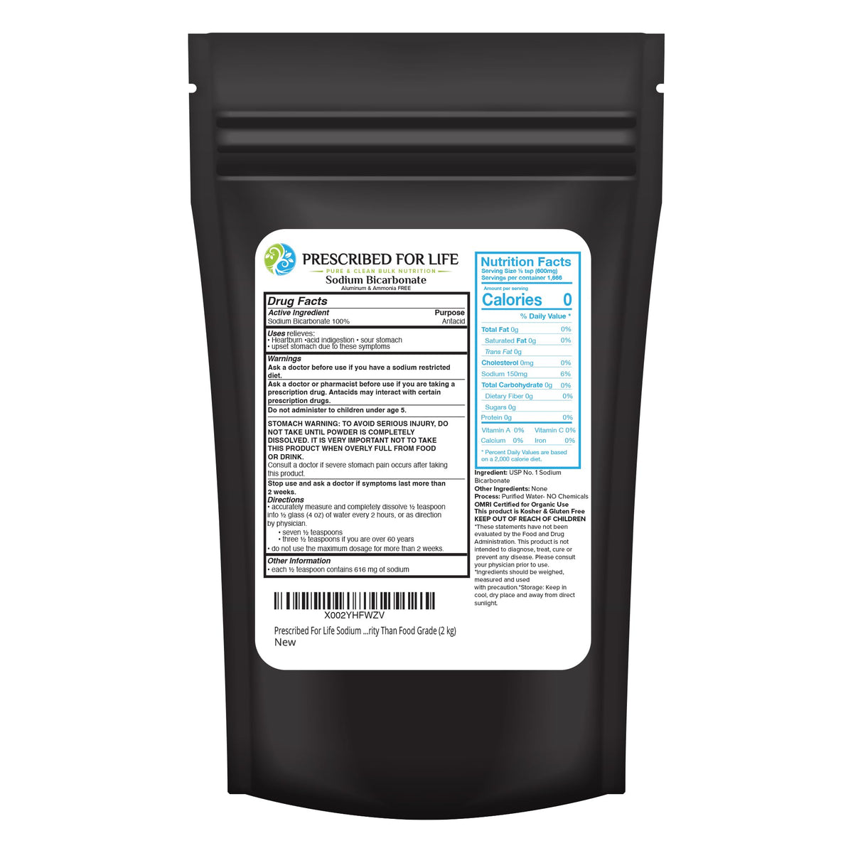 Prescribed For Life sodium bicarbonate powder front label showing product name and purity