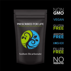 USP grade packaging of Prescribed For Life bicarbonate powder highlighting high purity