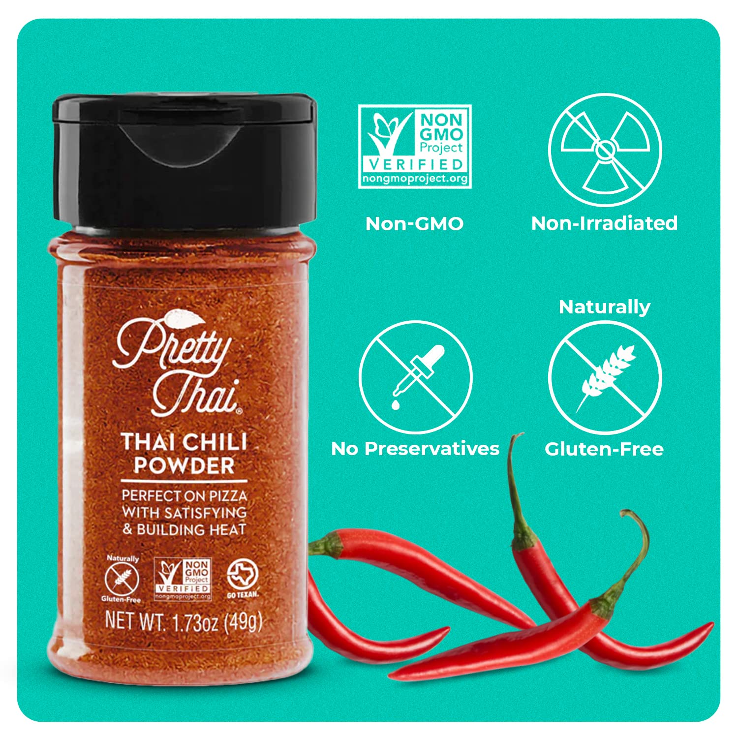 Pretty Thai Chili Powder chili flakes close-up emphasizes natural ingredients for vibrant flavor.
