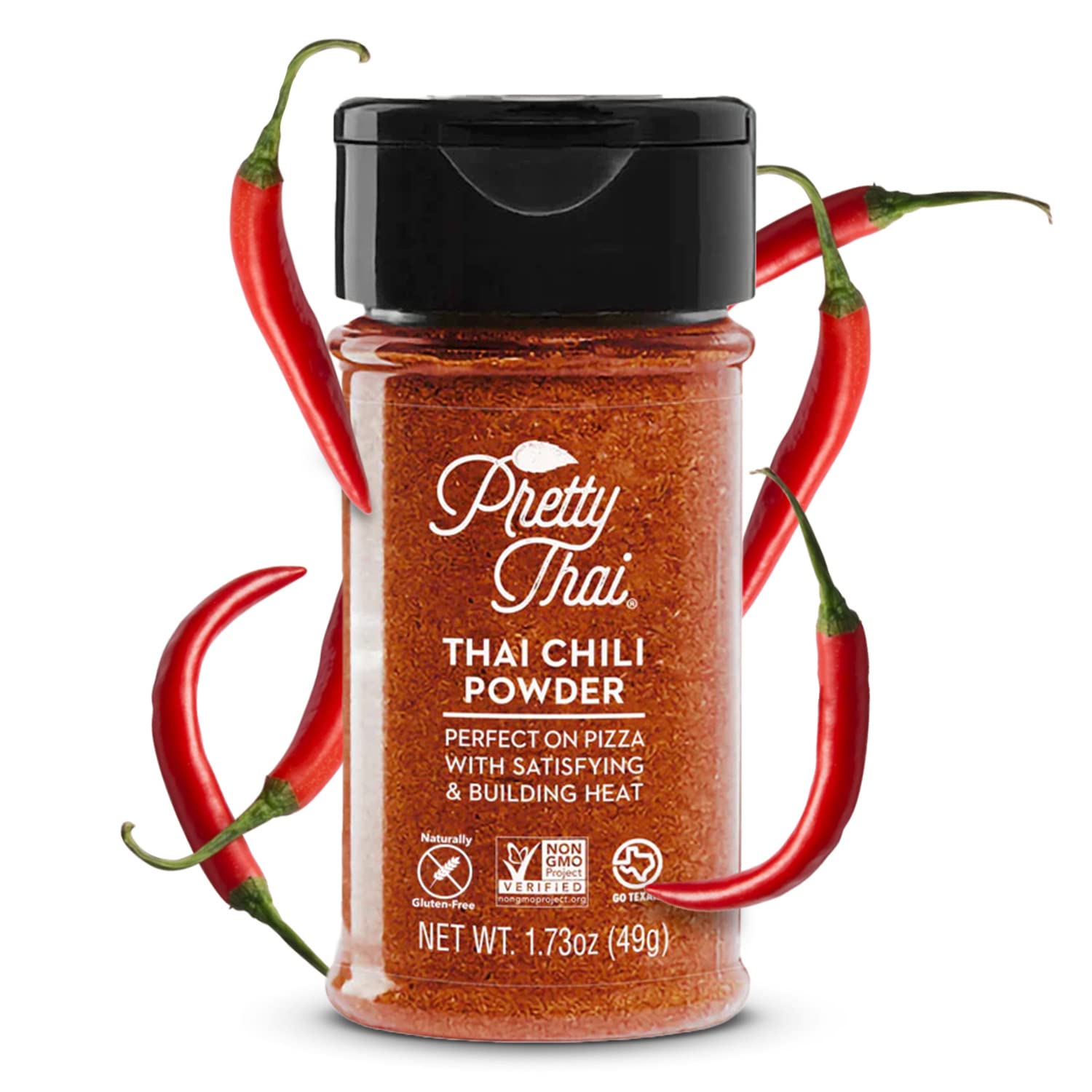 Pretty Thai Chili Powder jar close-up shows vibrant red flakes for fast, flavorful heat.