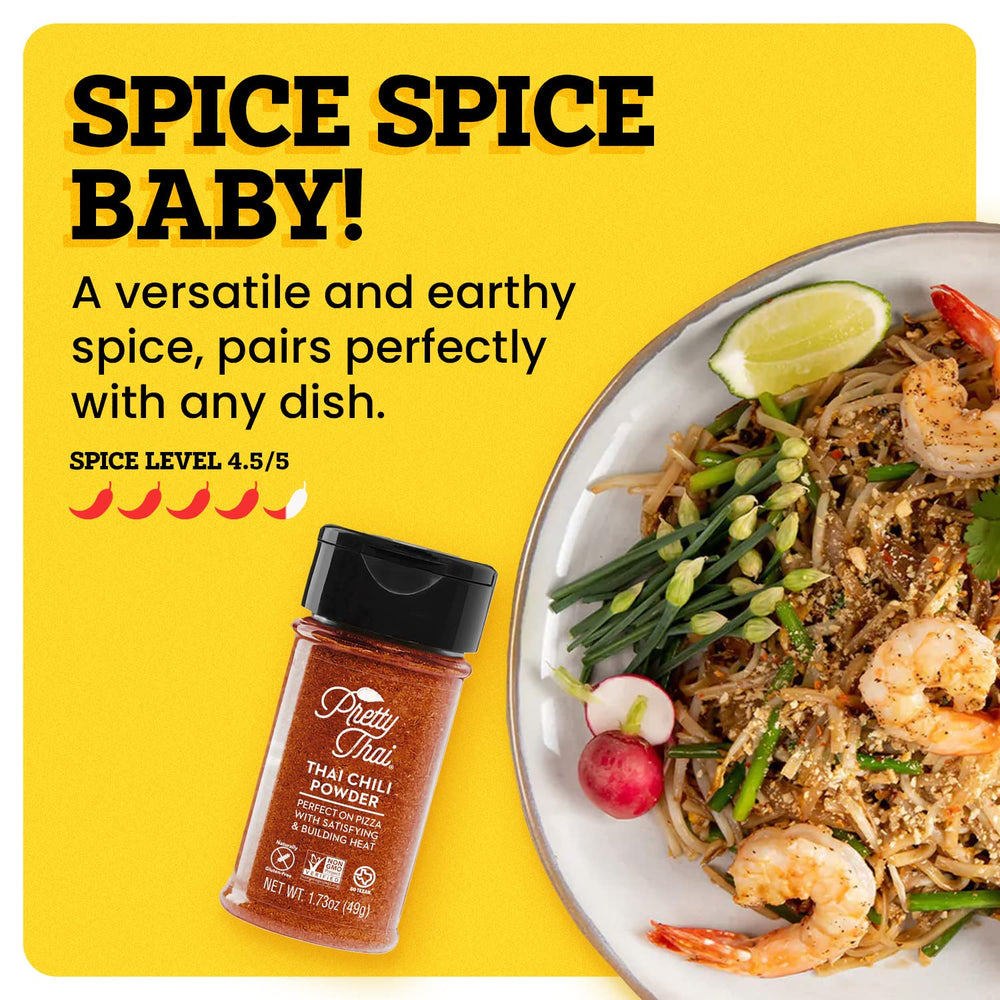 Pretty Thai Chili Powder packaging on counter highlights clean ingredients and ready-to-use spice.