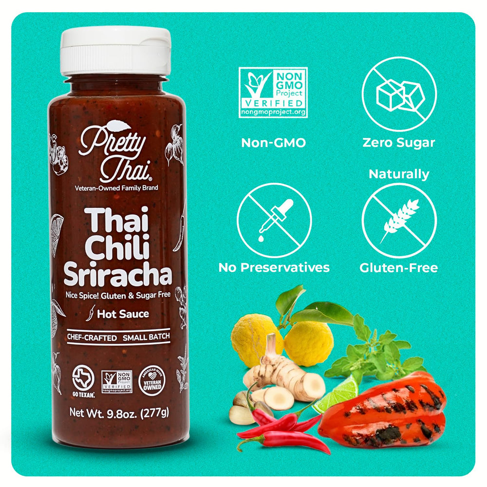 Pretty Thai Chili Sriracha on noodles boosts stir fry flavor.
