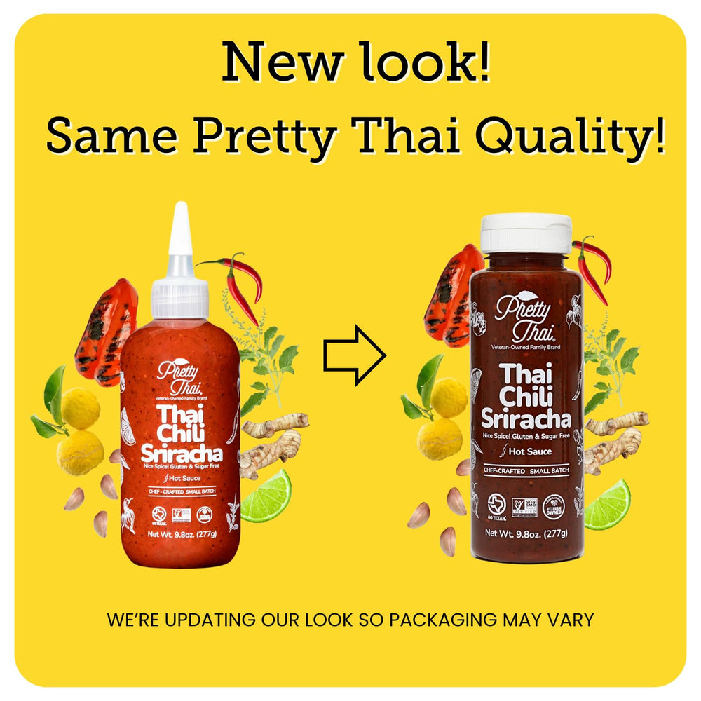 Pretty Thai Chili Sriracha bottle pour enhances a dish with bold heat.