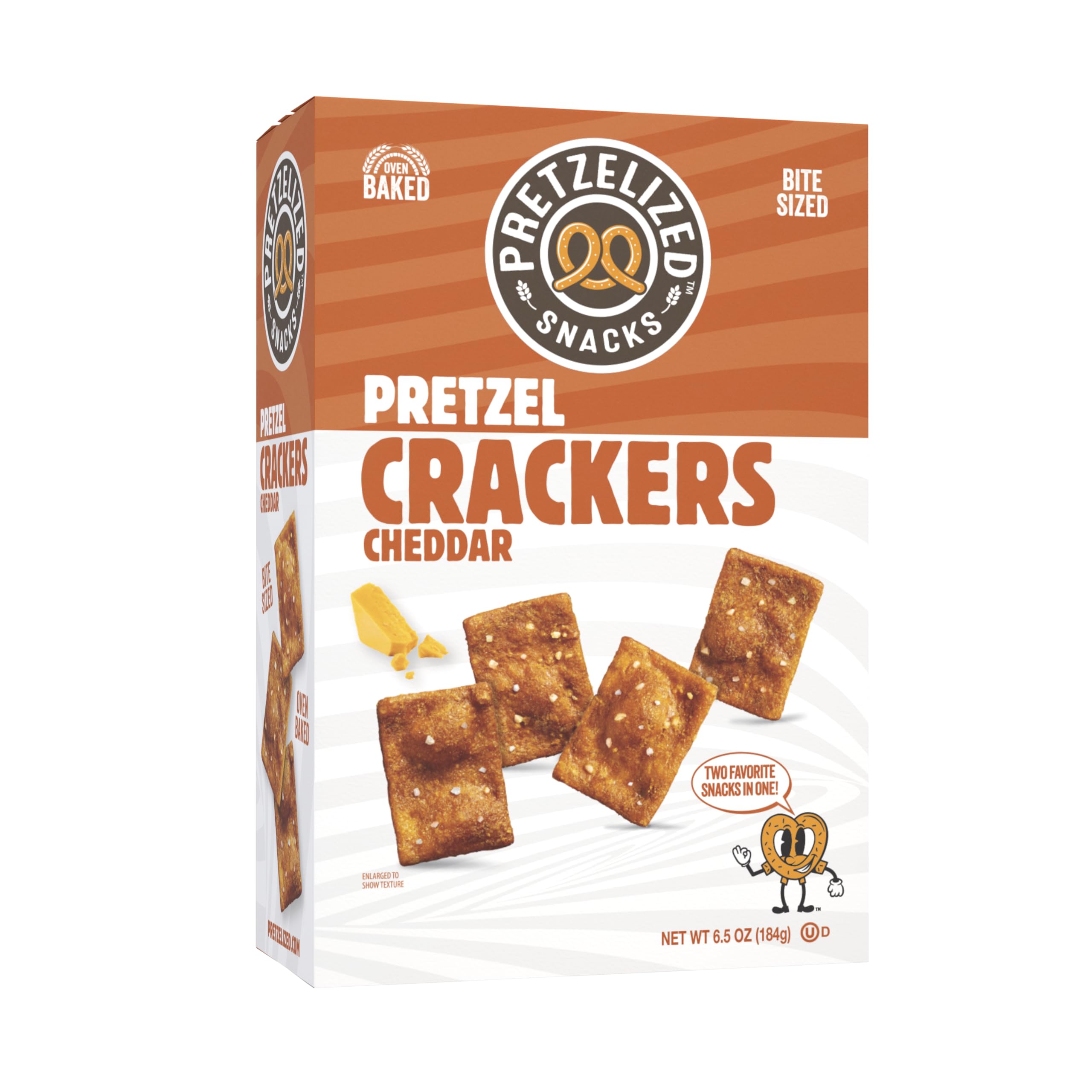 Close-up of Pretzelized Snacks Cracker Cheddar, ideal for snacking and cheese boards.