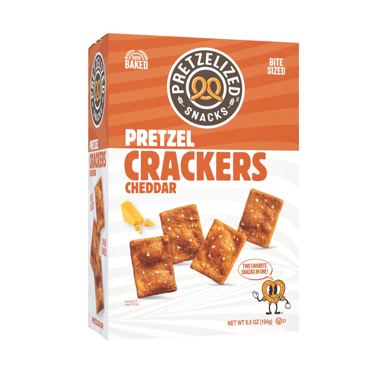 Close-up of Pretzelized Snacks Cracker Cheddar, ideal for snacking and cheese boards.