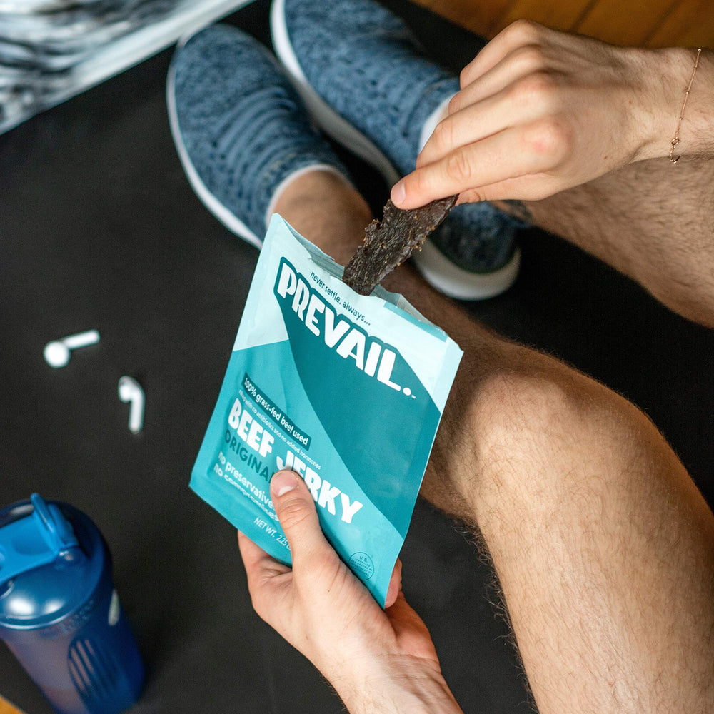 Prevail Jerky with meal-pairing idea demonstrates versatile lunch or hike snack.