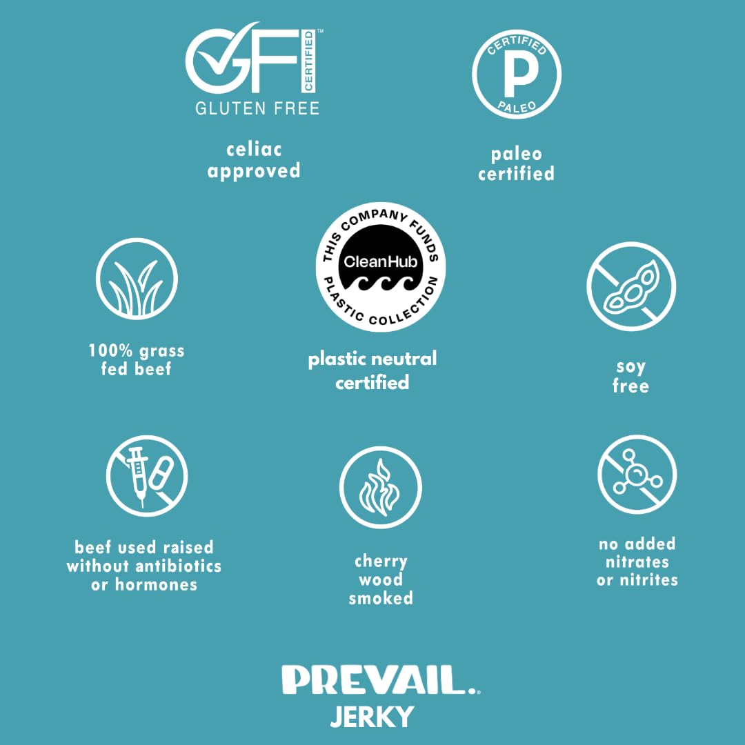 Prevail Original Beef Jerky nutrition-label closeup highlights protein and ingredients.