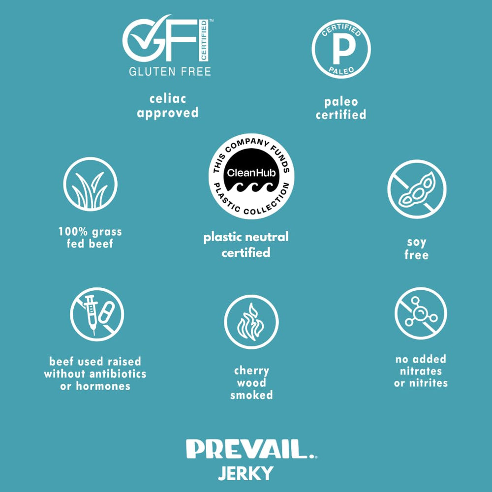 Prevail Original Beef Jerky nutrition-label closeup highlights protein and ingredients.