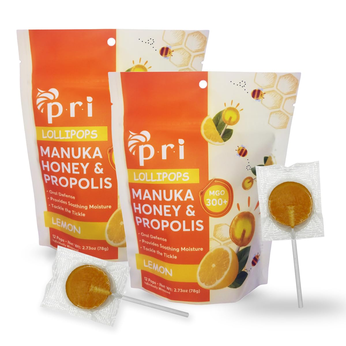 P.R.I lemon Manuka honey lollipop with propolis and menthol soothes dry throats.