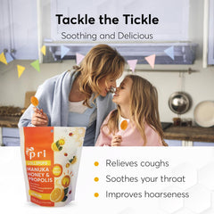 P.R.I lemon Manuka honey lollipop with propolis and menthol provides refreshing throat relief.