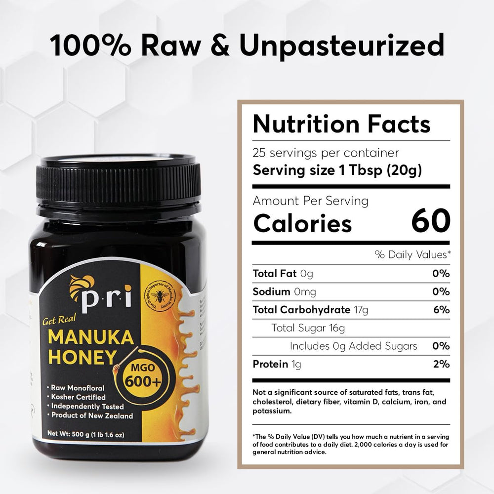 P.R.I Manuka honey bottle with QR code on lid for batch transparency