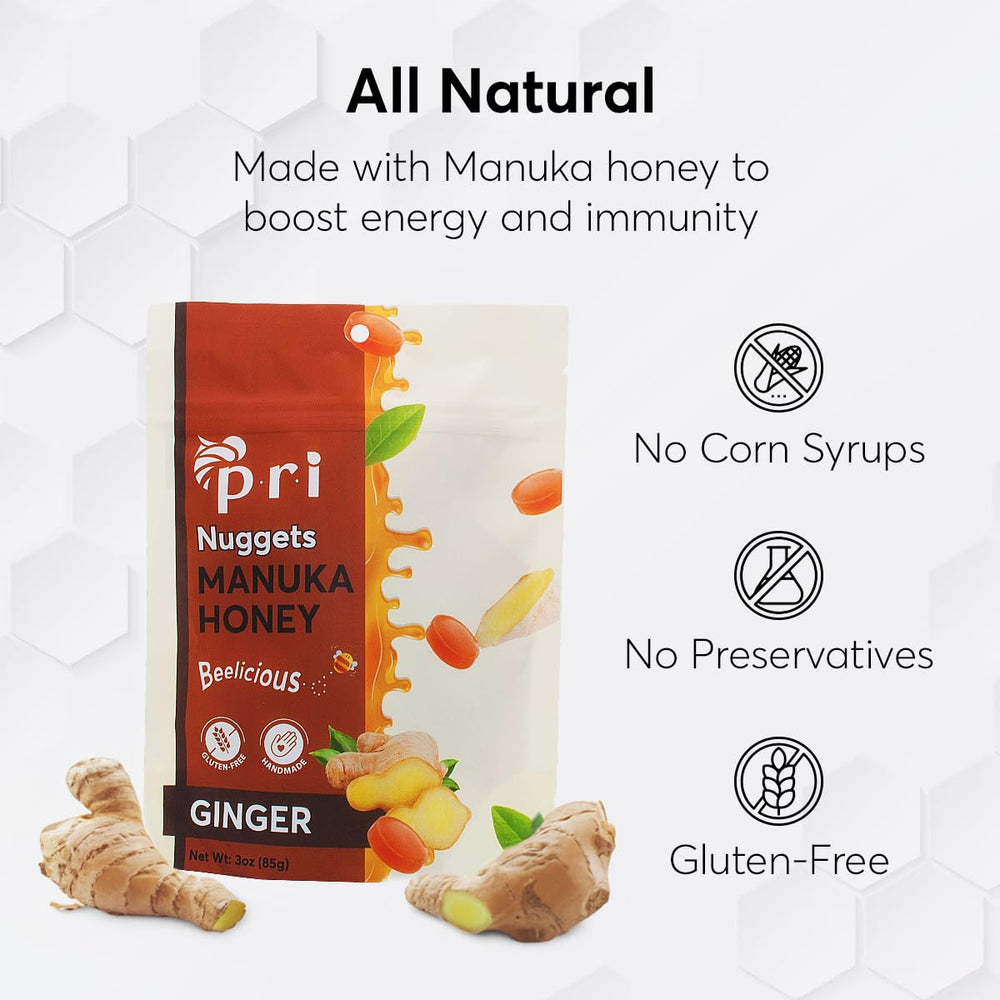 Close-up of honey-ginger texture with natural ingredients in P.R.I nuggets.