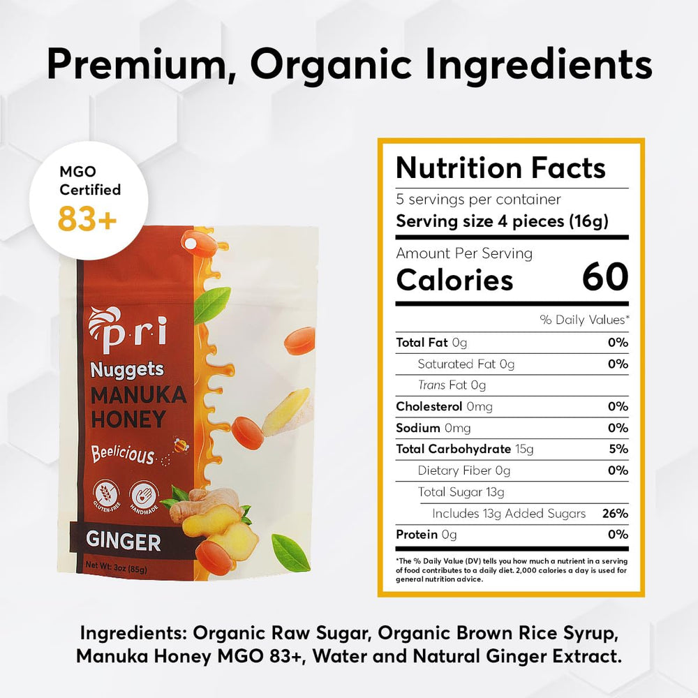 Gluten-free P.R.I Manuka Honey Ginger Nuggets suitable for gluten-sensitive diets.