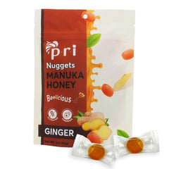 P.R.I Manuka Honey Ginger Nuggets in a resealable bag for on-the-go snacking.