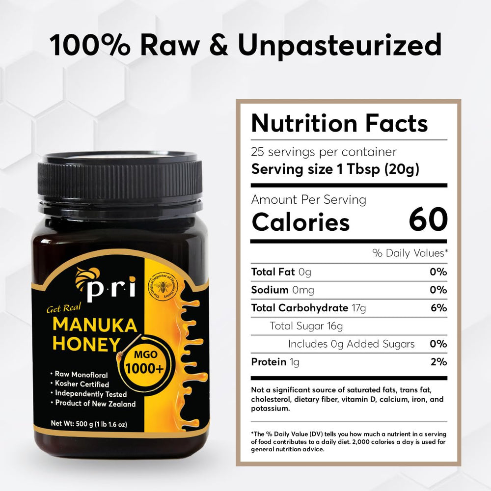 P.R.I Manuka honey label highlights limited-harvest monofloral origin.