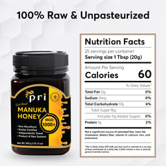 P.R.I Manuka honey label highlights limited-harvest monofloral origin.