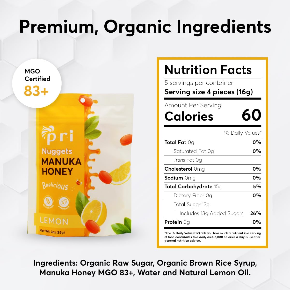 PRI Manuka Honey Lemon Nuggets closeup reveals citrusy candy texture.