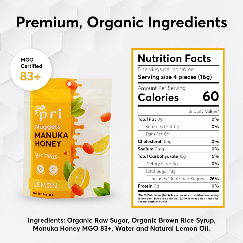 PRI Manuka Honey Lemon Nuggets closeup reveals citrusy candy texture.