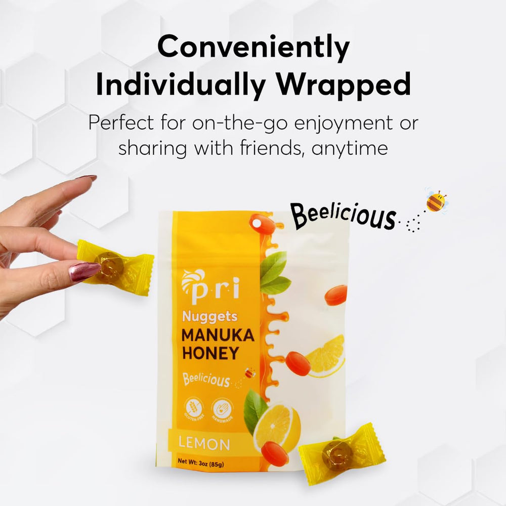 PRI Manuka Honey Lemon Nuggets gluten-free status on the label.