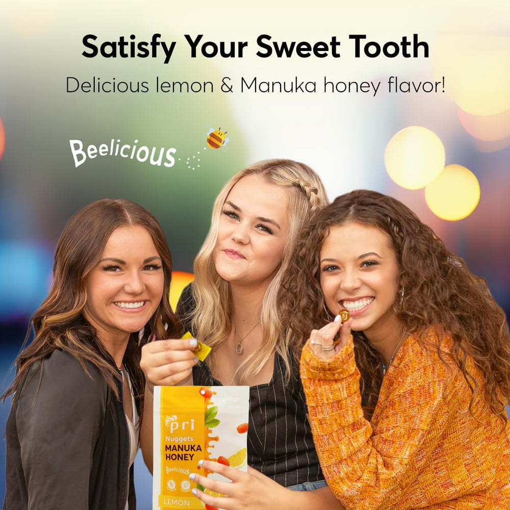 PRI Manuka Honey Lemon Nuggets individually wrapped for on-the-go snacking.