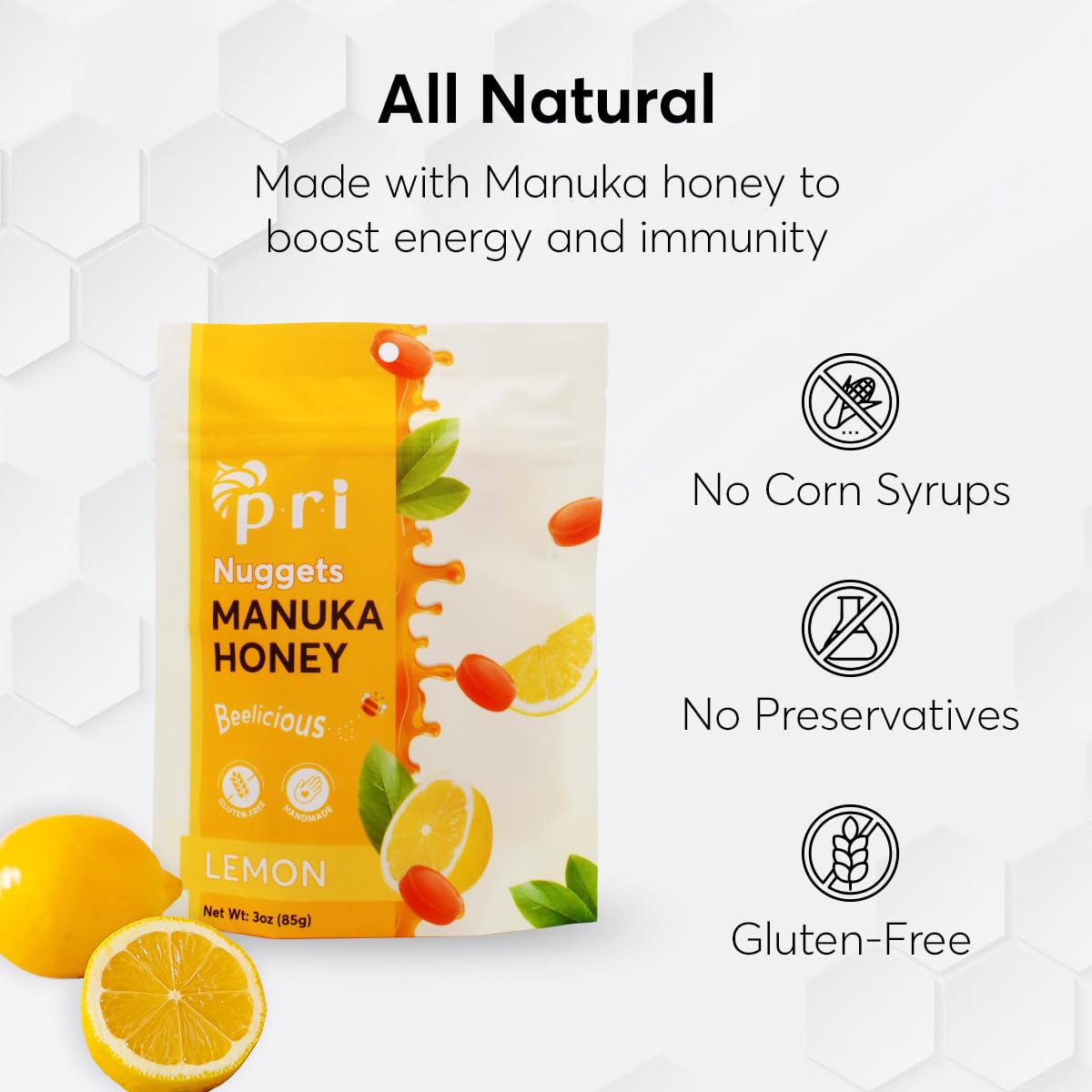 PRI Manuka Honey Lemon Nuggets ingredients panel highlights simple gluten-free components.