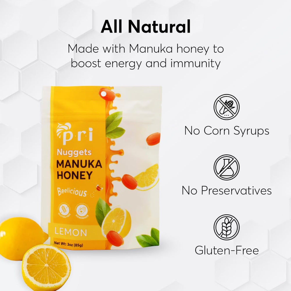 PRI Manuka Honey Lemon Nuggets ingredients panel highlights simple gluten-free components.