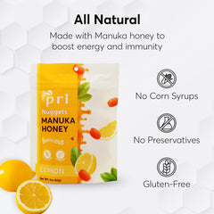PRI Manuka Honey Lemon Nuggets ingredients panel highlights simple gluten-free components.