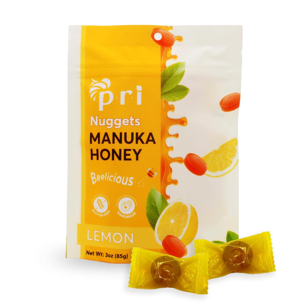 PRI Manuka Honey Lemon Nuggets package front highlights clean label flavor.