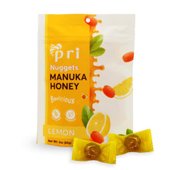 PRI Manuka Honey Lemon Nuggets package front highlights clean label flavor.
